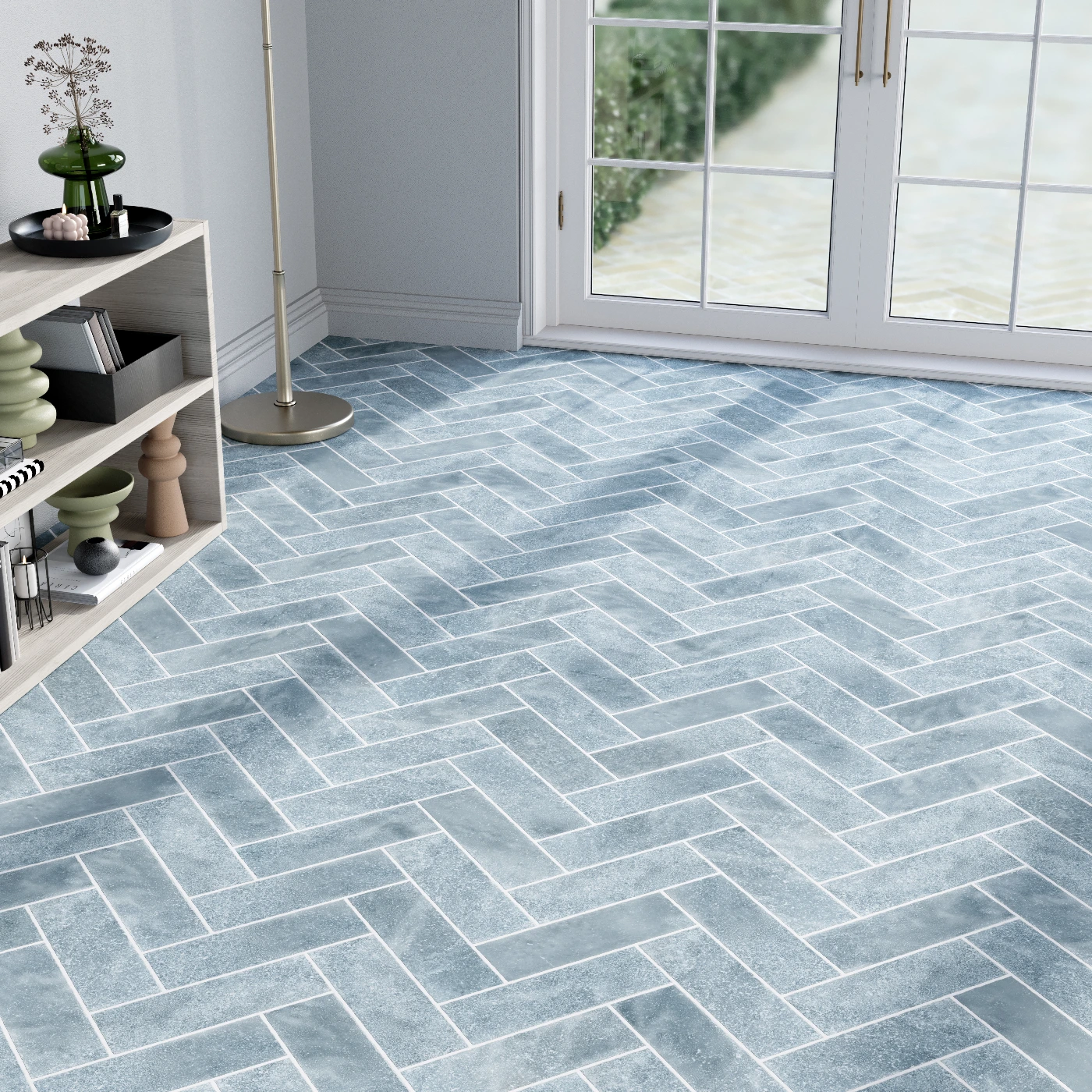 Ash Blue Herringbone Marble Tile - Tumbled