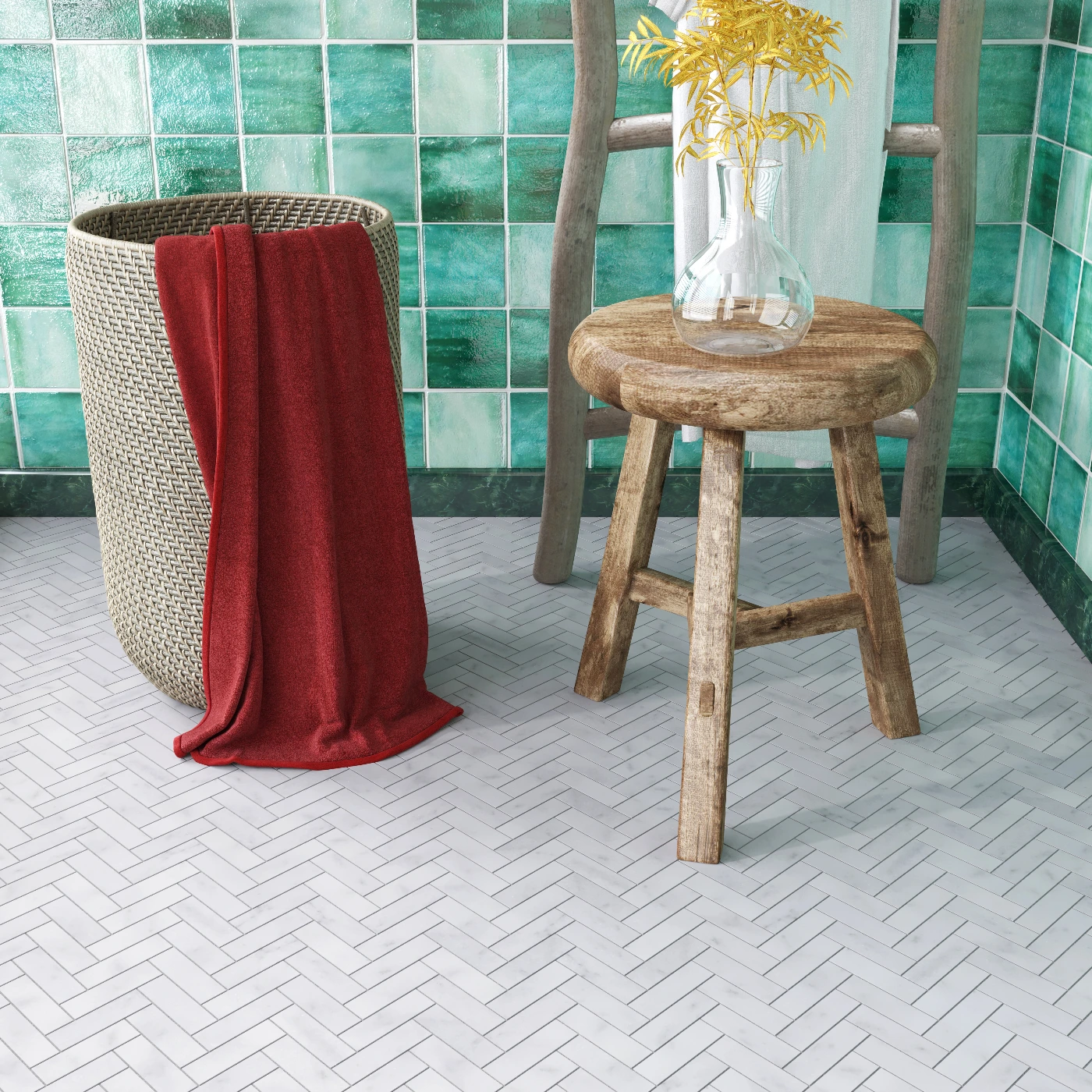 Carrara White Herringbone Mosaic Tile - Honed