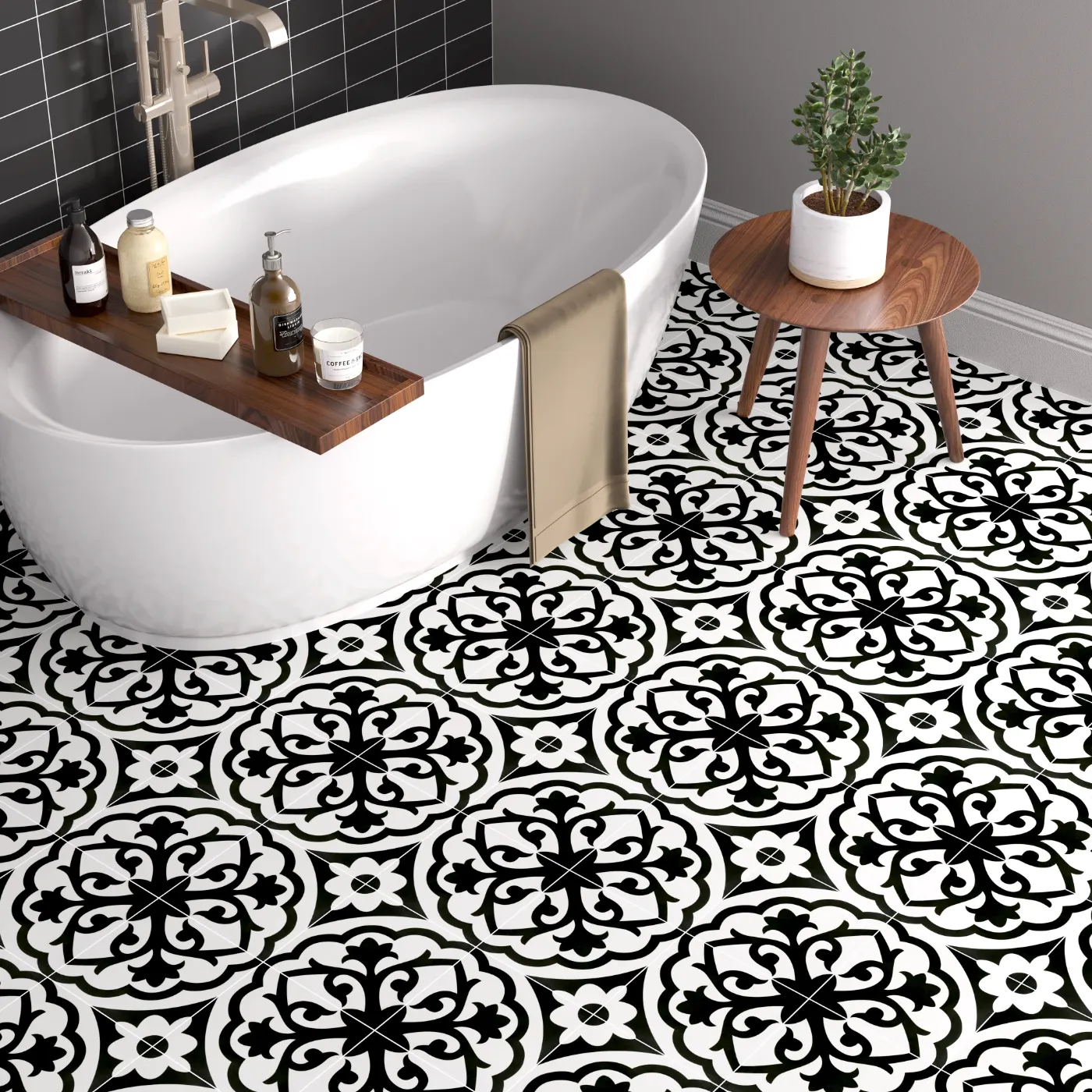 Form Monochrome Lotus Patterned Porcelain Tile - Natural Edge - Matt Finish