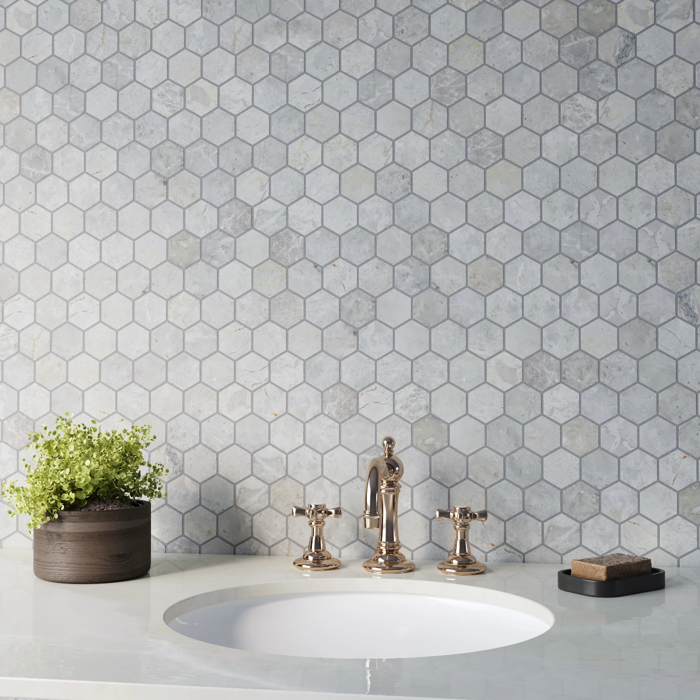 Silver Light Hexagon Marble Mosaic Tile - Honed